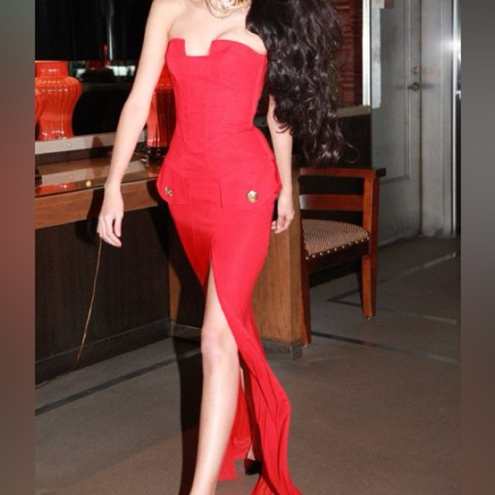 Versace H&M Bold Red Strapless Silk Dress